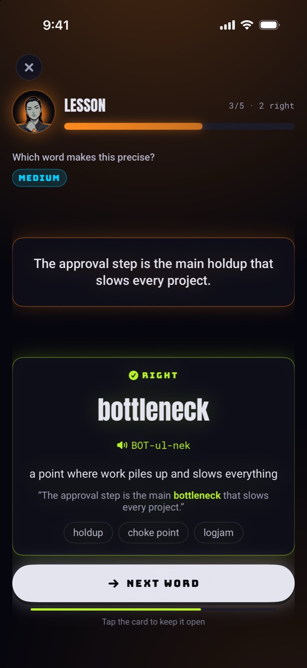A lesson question: the approval step is the main holdup that slows every project. The answer, bottleneck, with its meaning.