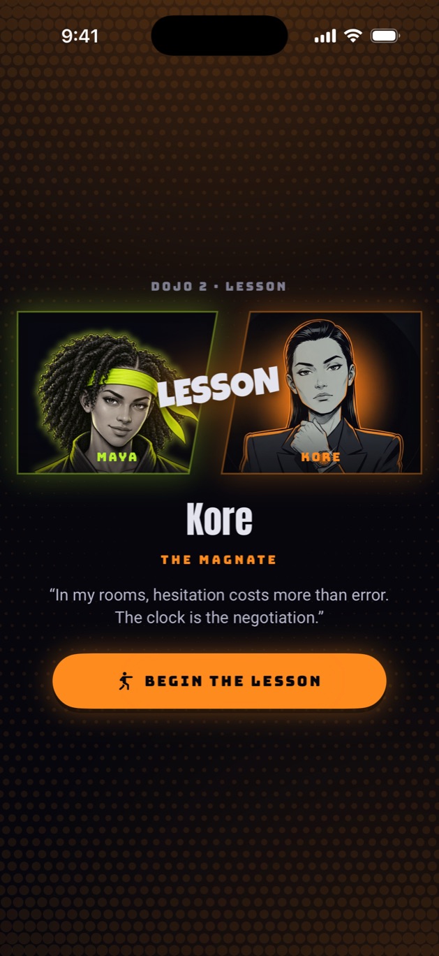 The player's fighter faces Kore the Magnate before a lesson in the Work dojo.