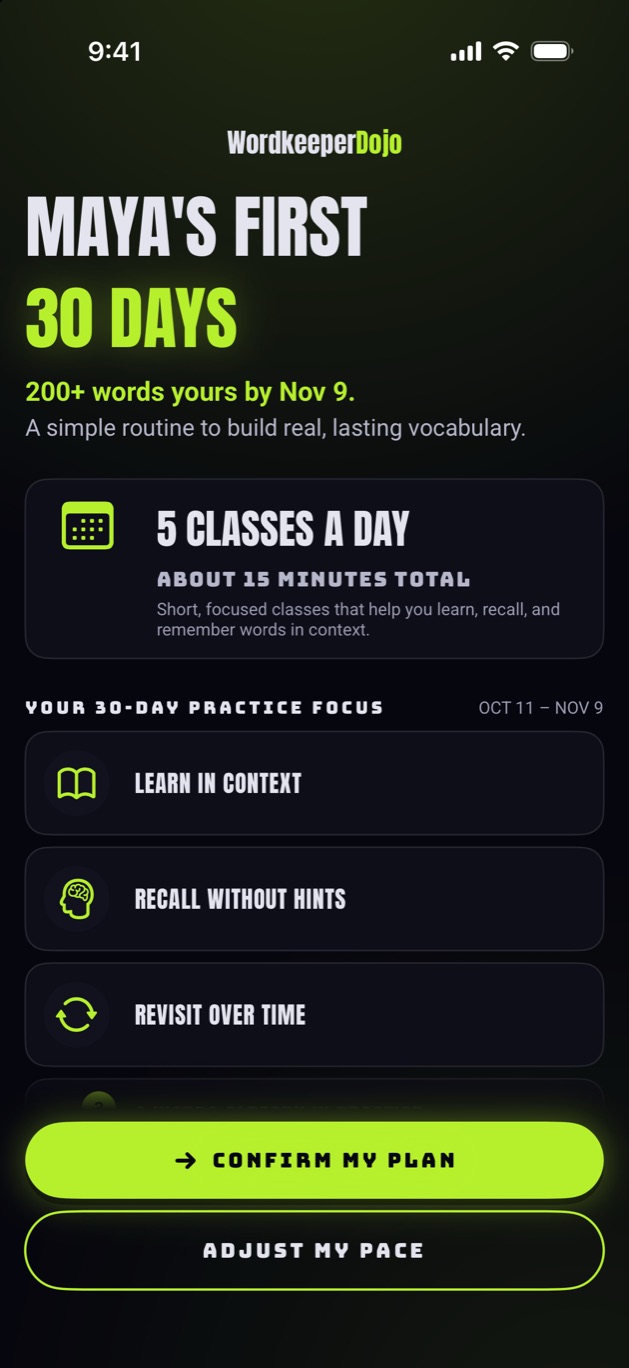 A 30-day plan: five classes a day, about fifteen minutes in total.